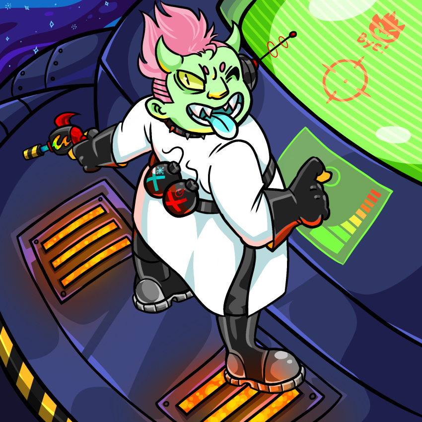 alien alien_humanoid bird's-eye_view blue_mouth chubby_male clothing coat colorful evil_grin green_body green_skin hair hi_res high-angle_view horn humanoid illuminaughty invalid_tag lab_coat laser_gun male original_characters perspective_shot pink_hair ranged_weapon smile solo space spacecraft technology topwear vehicle weapon xercodian