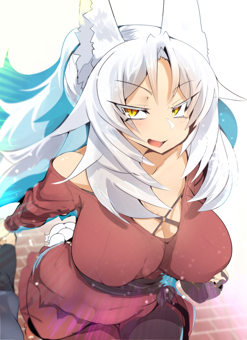 1girl animal_ears bag breasts brick_floor cleavage fox_ears fox_girl highres holding_hands huge_breasts kitsune kouseki0024 long_hair long_sleeves looking_at_viewer off-shoulder_shirt off_shoulder open_mouth original running shirt slit_pupils smile solo_focus v-shaped_eyebrows white_hair