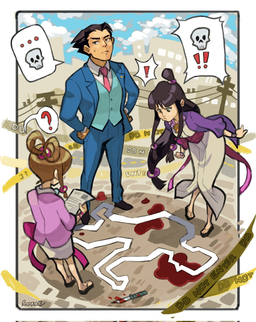 ! ... 1boy 2girls ? ace_attorney black_hair blood_on_ground blue_jacket blue_pants border brown_hair caution_tape chalk_outline crime_scene day english_commentary formal from_above full_body highres jacket japanese_clothes knife long_hair maya_fey multiple_girls outdoors pants pearl_fey phoenix_wright rica_diaz sandals skyline spoken_ellipsis spoken_exclamation_mark spoken_question_mark spoken_skull standing suit sweatdrop utility_pole white_border