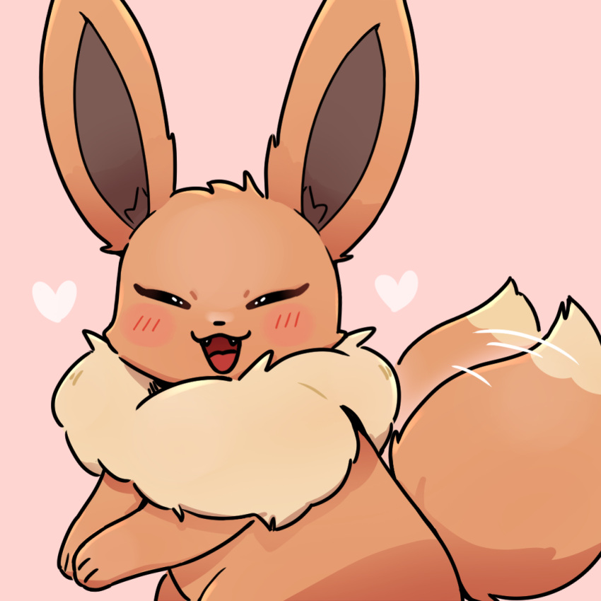 &lt;3 1:1 2022 ambiguous_gender blush blush_lines brown_body brown_fur cute_fangs dipstick_tail eevee eye_glint eyes_closed fur inner_ear_fluff kemono markings neck_tuft nintendo open_mouth park_horang pink_background pok&eacute;mon pok&eacute;mon_(species) shaded simple_background simple_shading solo tail_markings tail_motion tailwag tuft video_games