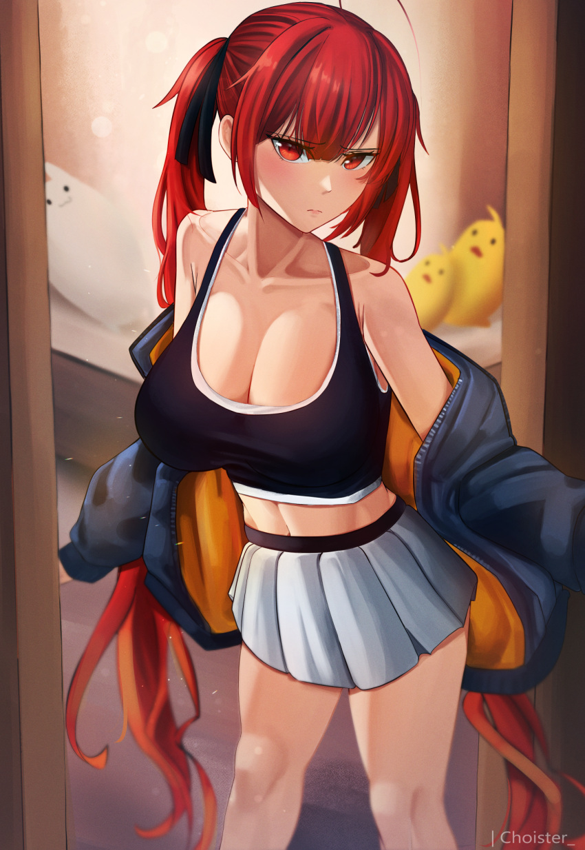 1girl alternate_costume artist_name azur_lane bangs bare_shoulders bedroom black_shirt blue_jacket blush breasts choister cleavage closed_mouth collarbone door feet_out_of_frame hair_ribbon highres honolulu_(azur_lane) jacket jacket_pull lips long_hair looking_at_viewer manjuu_(azur_lane) medium_breasts navel open_clothes open_door open_jacket red_eyes red_hair ribbon room shirt skirt solo standing twintails very_long_hair white_skirt