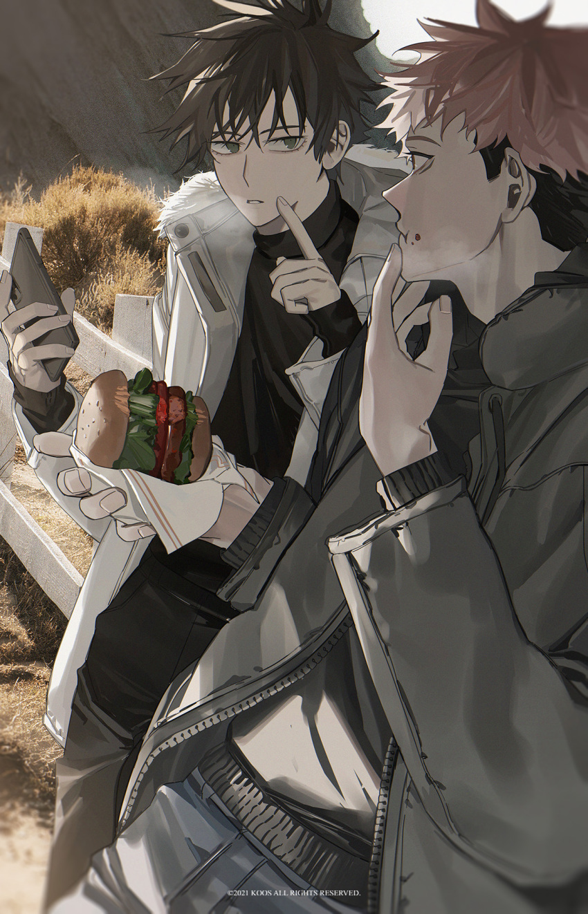 2boys :t bangs black_hair black_pants black_sweater blue_pants breath brown_eyes burger cellphone coat eating eyelashes facial_mark finger_to_face food food_on_face fur_trim fushiguro_megumi green_eyes grey_coat hair_between_eyes hand_up highres holding holding_food holding_phone itadori_yuuji jujutsu_kaisen k00s long_sleeves looking_at_another male_focus multiple_boys open_clothes open_coat outdoors pants parted_lips phone pink_hair short_hair sleeves_past_wrists smartphone spiked_hair sweater symbol-only_commentary undercut white_coat winter_clothes winter_coat
