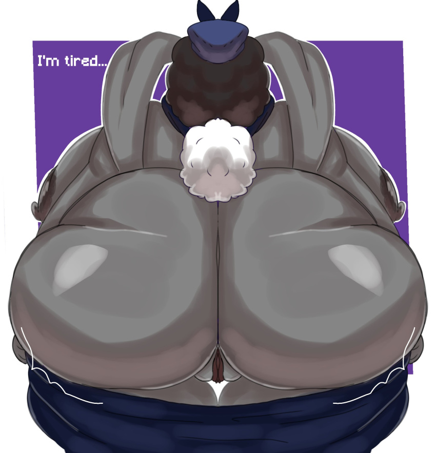 anthro areola big_areola big_breasts big_butt big_nipples breasts butt cotton_tail dark_areola dark_hair dark_nipples dialogue female fur genitals grey_body grey_fur hi_res huge_areola huge_breasts huge_butt huge_nipples johan_memoris kerchief lagomorph leporid mama_rabbit_(tmftw) mammal mostly_nude nipples presenting presenting_hindquarters presenting_pussy purple_background pussy rabbit rear_view simple_background solo text the_man_from_the_window thick_thighs wide_hips