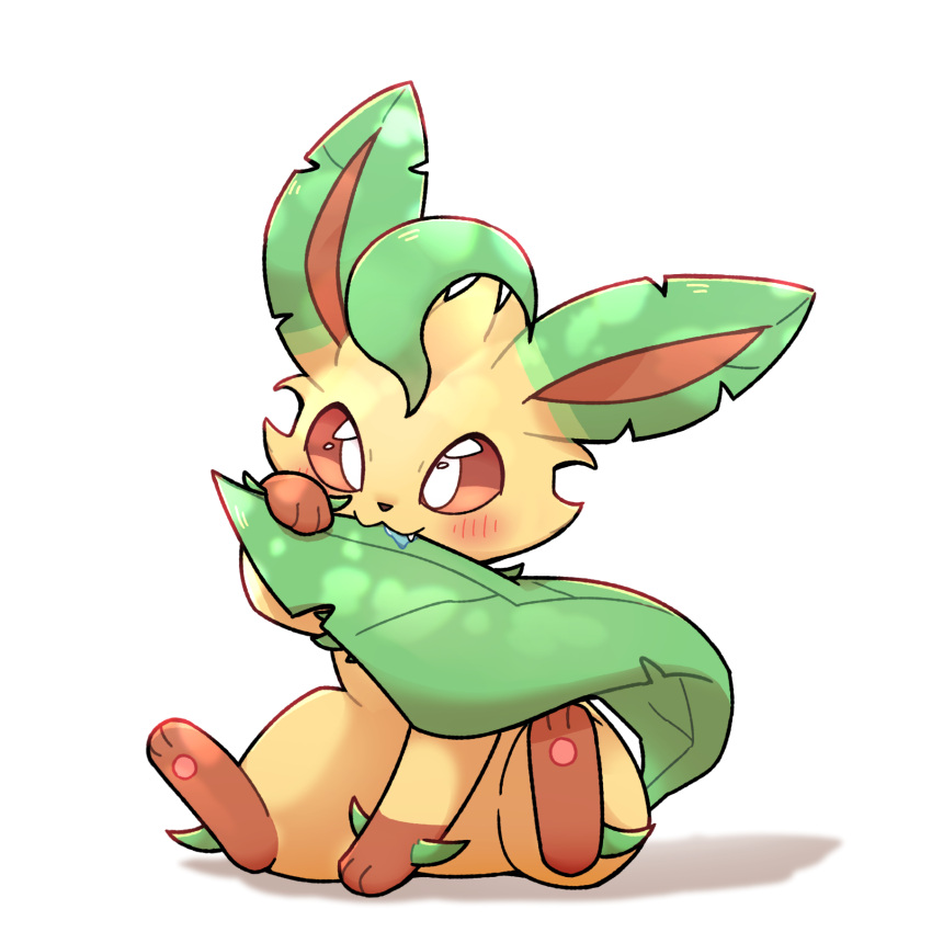 1:1 2022 ambiguous_gender bite blush blush_lines bodily_fluids brown_body brown_eyes brown_fur chewing drooling eeveelution eye_glint fur gloves_(marking) hi_res kemono leafeon leg_markings markings nintendo park_horang paws pok&eacute;mon pok&eacute;mon_(species) raised_paw saliva shaded simple_shading sitting socks_(marking) solo tail_bite tail_in_mouth tail_leaf tan_body tan_fur video_games