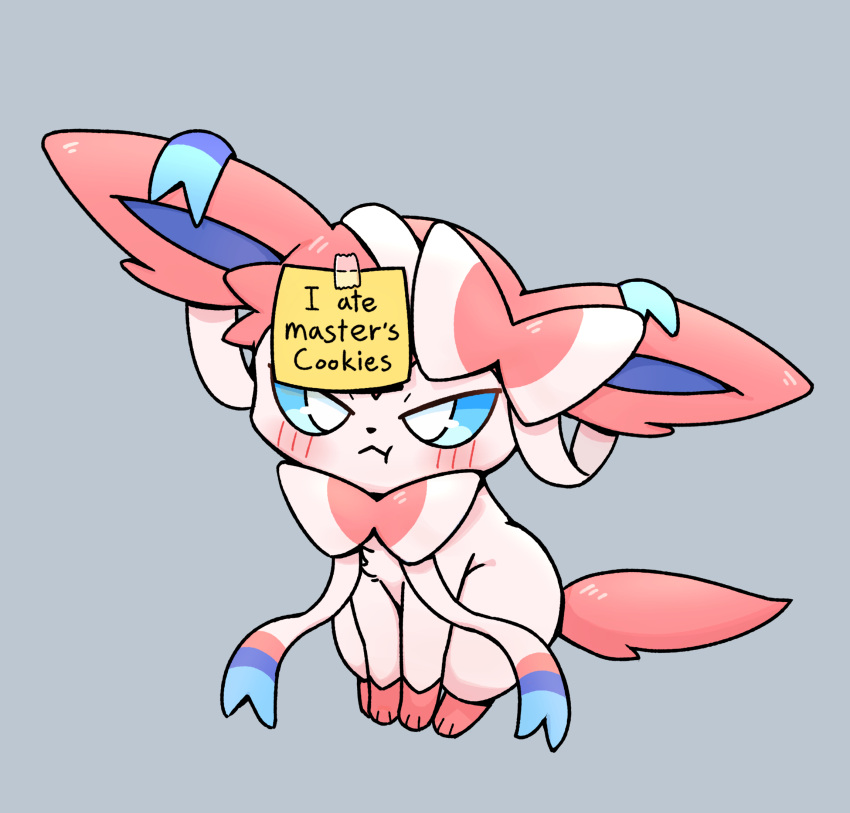 2022 ambiguous_gender black_body blue_eyes blush blush_lines chest_tuft ears_down eeveelution eye_glint fur furrowed_brow gloves_(marking) hi_res kemono leg_markings markings nintendo park_horang pink_body pink_ears pink_fur pink_tail pivoted_ears pok&eacute;mon pok&eacute;mon_(species) post-it_note pouting ribbons shaming sitting socks_(marking) solo sylveon tape tuft video_games white_body