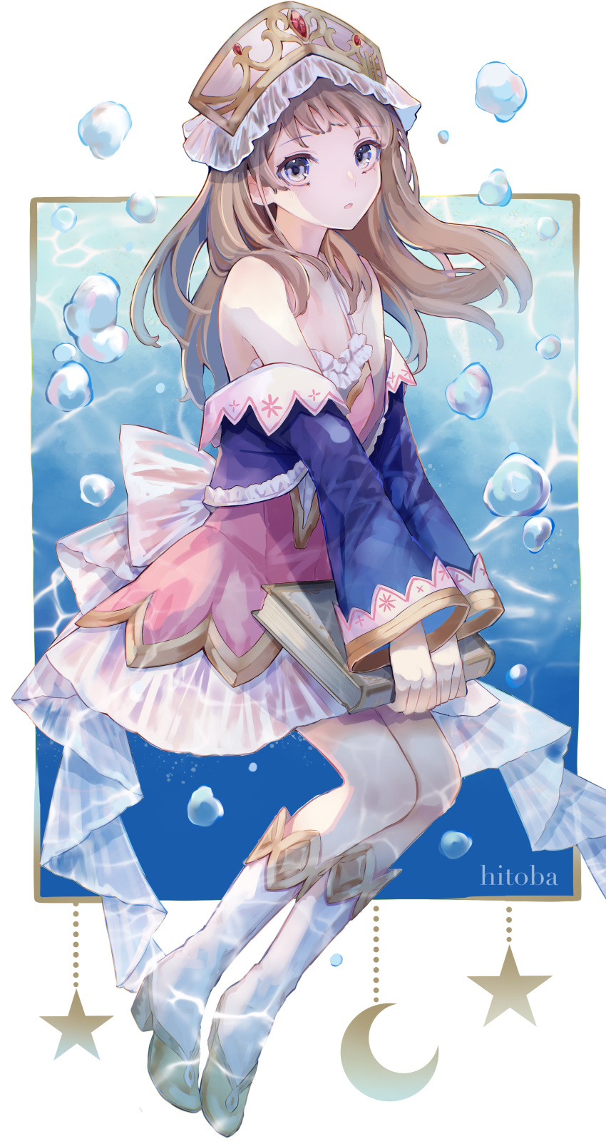 1girl absurdres atelier_(series) atelier_totori bangs bare_shoulders dress grey_eyes hat hi_to_ba highres light_brown_hair long_hair looking_at_viewer parted_lips solo star_(symbol) totooria_helmold water_drop white_legwear