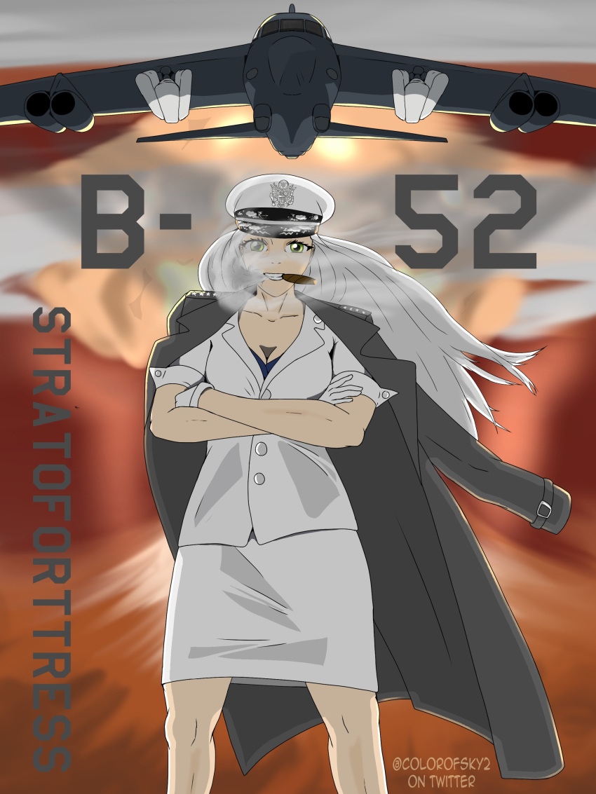 1girl absurdres b-52_stratofortress breasts character_name cigar cleavage coat coat_on_shoulders collarbone commentary crossed_arms english_commentary green_eyes grey_hair hat highres kestrel_(colorofsky2) legs_apart long_hair muscular muscular_female original peaked_cap personification short_sleeves smoking twitter_username typo