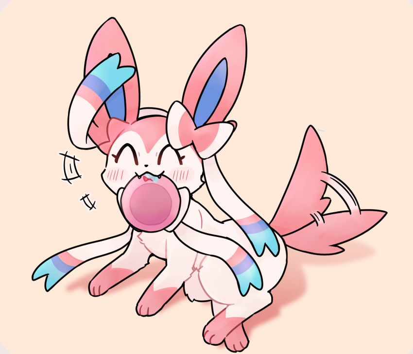 2022 :3 ambiguous_gender blush blush_lines content_smile cute_fangs eeveelution eyes_closed feral fluffy frisbee frisbee_in_mouth fur gloves_(marking) hi_res kemono leg_markings lying markings nintendo park_horang pink_background pink_body pink_fur pink_tail pok&eacute;mon pok&eacute;mon_(species) shaded simple_background simple_shading sitting socks_(marking) solo sylveon tail_motion tailwag video_games