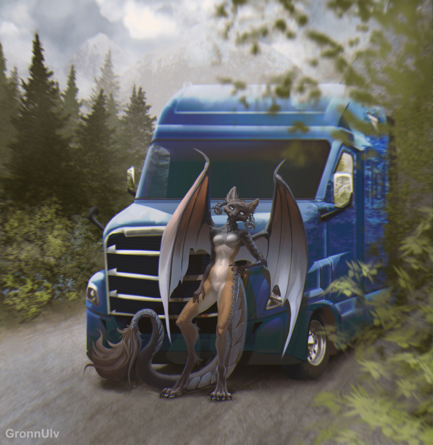 4_toes anthro black_wings blue_eyes breasts brown_body canid canine canis claws detailed_background dragon dragon_tail dragon_wings ears_up featureless_breasts featureless_crotch feet female forest forest_background fur grey_body grey_feet gronnulv head_tilt hi_res horn hybrid leaning leaning_back long_tail looking_at_viewer mammal multicolored_body nature nature_background navel plant road scales small_breasts solo standing tail_tuft toes tree truck_(vehicle) tuft vehicle white_body white_fur wing_claws wings wolf