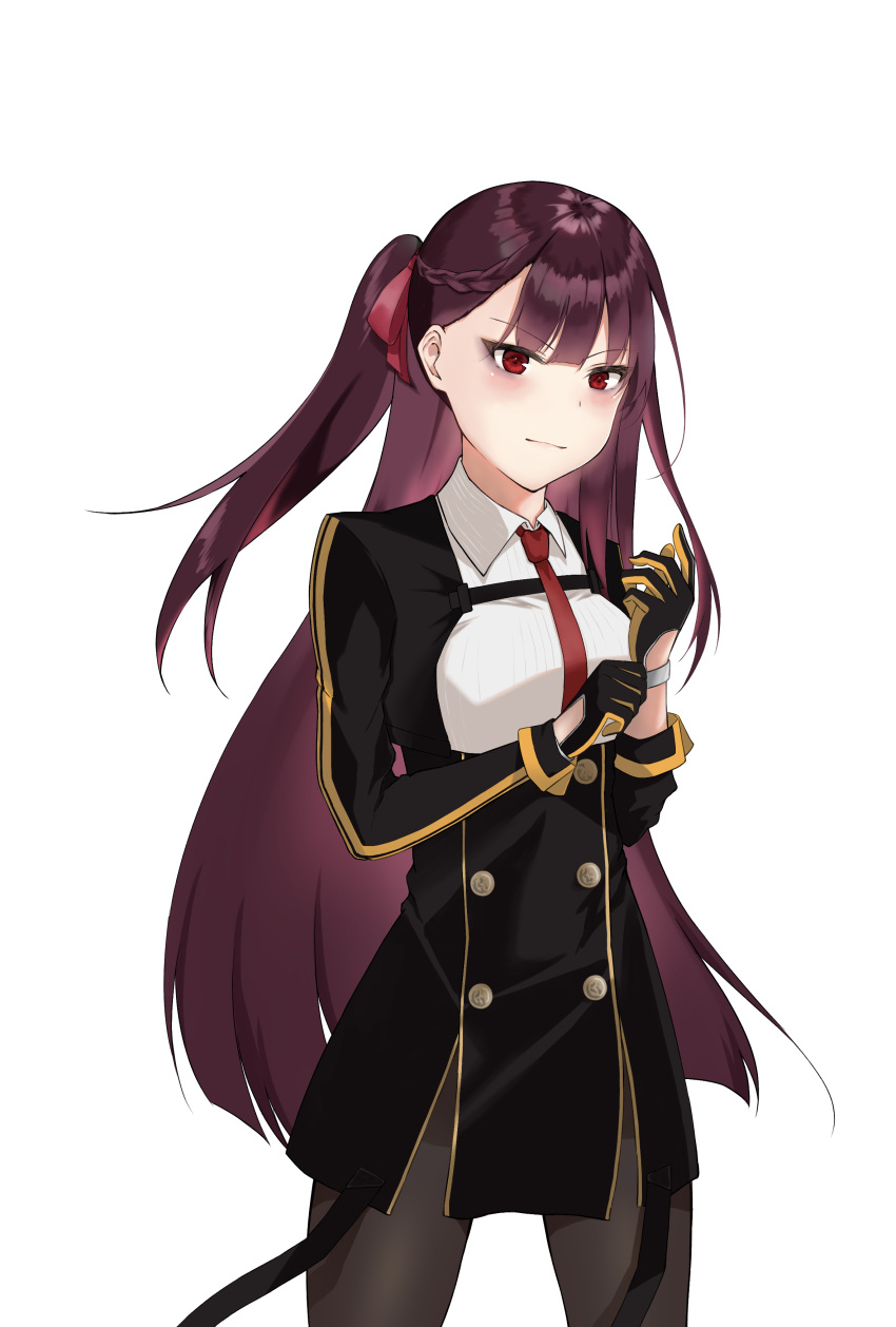 1girl absurdres bangs black_gloves black_jacket black_legwear blush braid closed_mouth codename696 feet_out_of_frame french_braid girls'_frontline gloves hair_ribbon highres jacket long_hair long_sleeves looking_at_viewer necktie pantyhose purple_hair red_eyes red_necktie ribbon shirt side_ponytail solo standing wa2000_(girls'_frontline) white_background white_shirt
