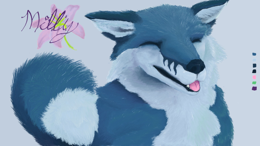 ambiguous_gender blep blue_body blue_fur blue_nose borophagine canid canine canis color_swatch cwuddles epicyon eyes_closed feral flower fox fur grey_background hi_res hybrid inner_ear_fluff lily_(flower) mammal markings microsoft_paint milly_(millcore) multicolored_body multicolored_ears multicolored_fur multicolored_tail pink_flower pink_tongue plant simple_background smile solo tail_markings teeth teeth_showing teeth_visible text tongue tongue_out tuft wolf