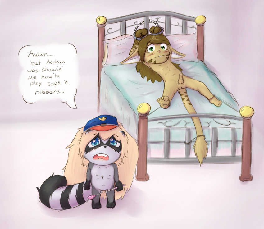 absurd_res anthro balls bed blonde_hair blue_eyes blush cuff_(restraint) dialogue dominant dominant_female duo erection female fluffy fluffy_tail fur furniture genitals grey_body grey_fur hair handcuffs hi_res hybrid ketsa male male/female mammal metal_cuffs multicolored_body multicolored_fur on_bed penis procyonid raccoon restrained restraints speech_bubble submissive submissive_male teeth