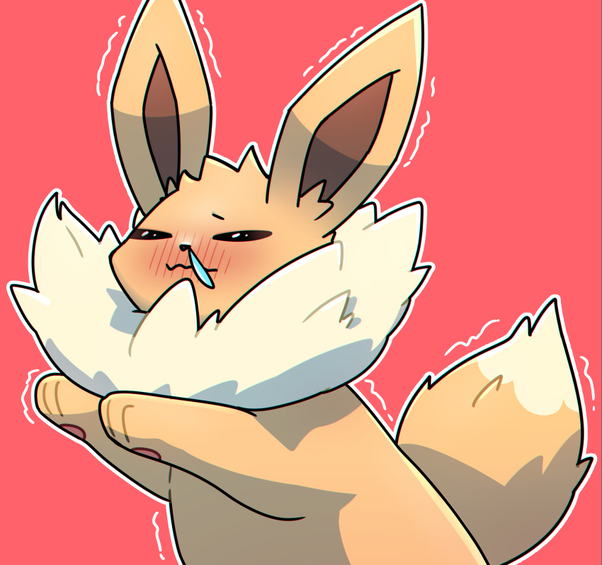 2021 absurd_res ambiguous_gender blush blush_lines brown_body brown_fur dipstick_tail eevee eye_glint eyes_closed fluffy fur hi_res kemono markings neck_tuft nintendo outline park_horang pawpads paws pok&eacute;mon pok&eacute;mon_(species) raised_paw red_background shaded shaking simple_background simple_shading solo tail_markings tuft video_games white_outline