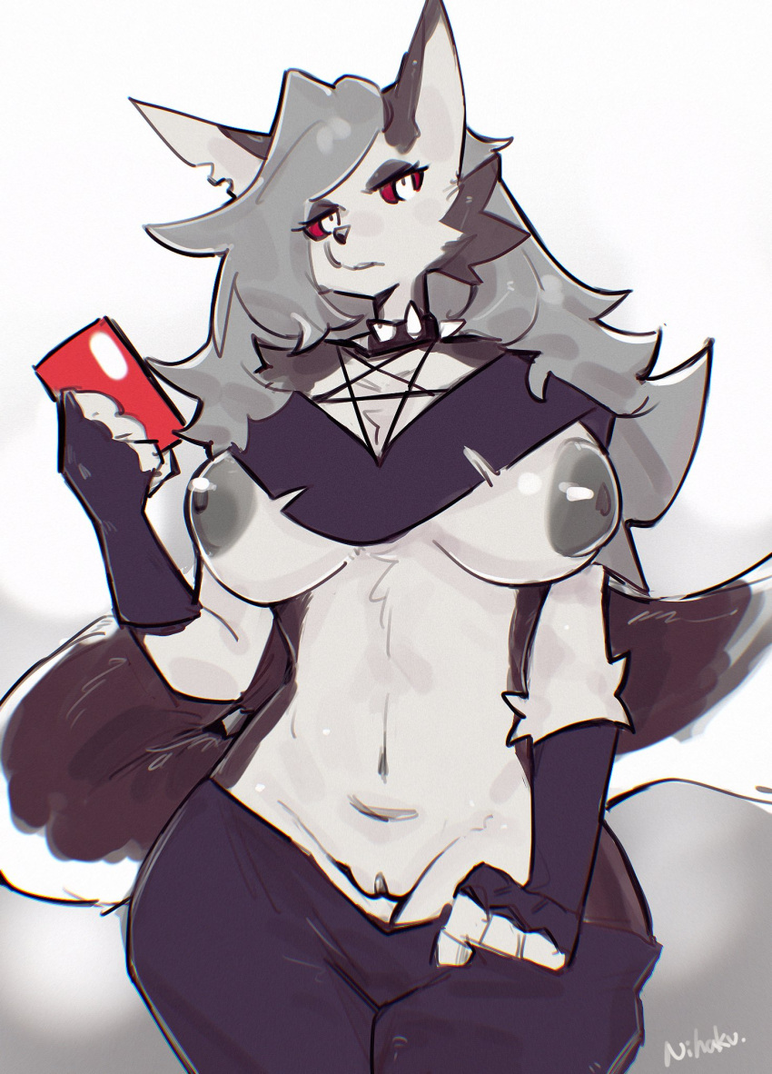anthro areola big_areola big_breasts bottomwear bottomwear_down bottomwear_pull breasts canid canid_demon canine cellphone clothed clothing clothing_pull collar demon female fingerless_gloves genitals gloves goth grey_body grey_hair hair handwear hellhound helluva_boss hi_res loona_(helluva_boss) mammal nihaku nipples pants pants_down pants_pull partially_clothed phone puffy_areola pulling_pants_down pussy red_sclera simple_background smartphone solo spiked_collar spikes white_background white_eyes wide_hips