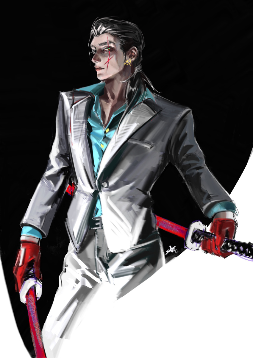 1boy absurdres black_hair blazer blue_shirt buttons closed_mouth collared_shirt cowboy_shot dual_wielding gloves green_eyes highres holding hotline_miami_2:_wrong_number jacket katana looking_at_viewer male_focus medium_hair pants ponytail popped_collar red_gloves scar scar_across_eye scar_on_cheek scar_on_face shirt snakepit_xxx solo son_(hotline_miami) sword symbol-only_commentary weapon white_jacket white_pants