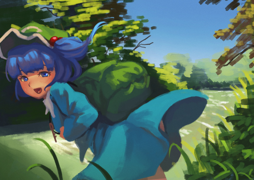 1girl :d backpack bag bangs blue_eyes blue_hair blue_shirt blue_skirt collared_shirt commentary_request cowboy_shot flat_cap fujimi_nao grass green_headwear hair_bobbles hair_ornament hat highres kawashiro_nitori key key_necklace long_sleeves looking_at_viewer medium_hair open_mouth shirt skirt skirt_set smile solo touhou tree two_side_up