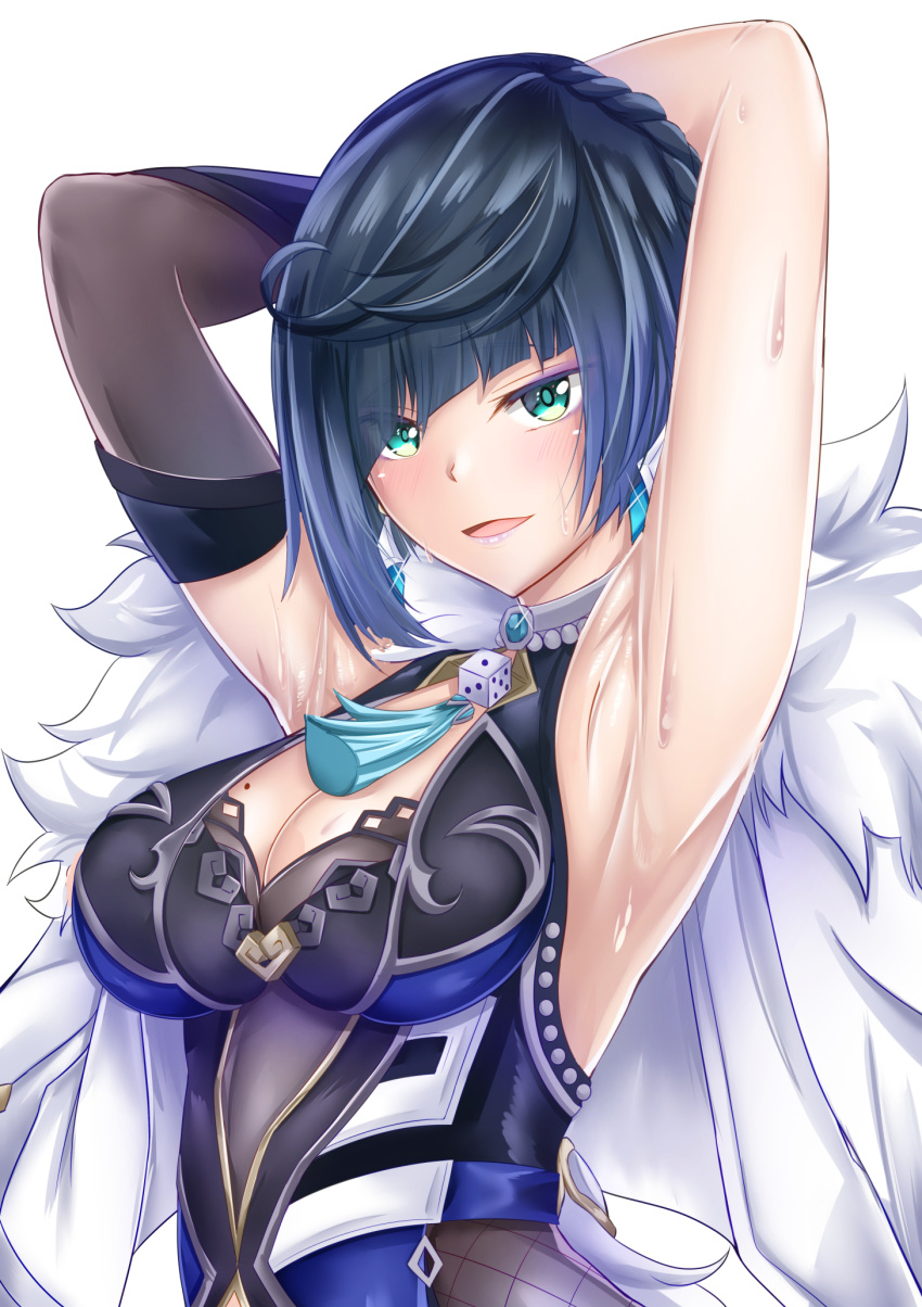 1girl armpits arms_up bangs black_gloves black_hair blue_dress blue_hair braid breasts diagonal_bangs dice dress earrings elbow_gloves eyeshadow feather-trimmed_jacket fishnets genshin_impact gloves green_eyes highres jacket jacket_on_shoulders jewelry large_breasts looking_at_viewer makeup mole mole_on_breast neck_tassel open_mouth purple_eyeshadow rum_rum_rumine short_hair single_elbow_glove sleeveless sleeveless_dress smile solo sweat upper_body white_background white_jacket yelan_(genshin_impact)