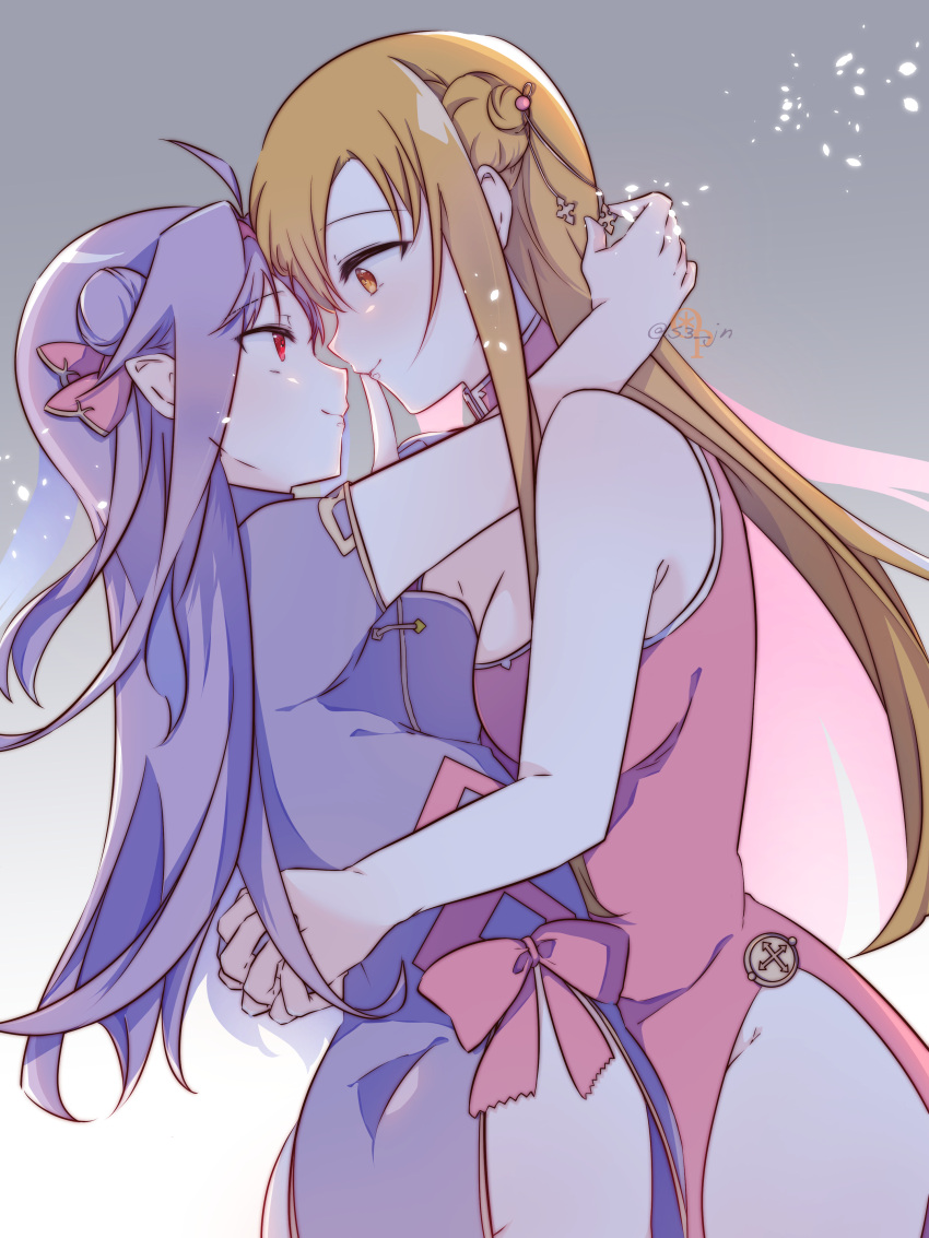 2girls absurdres ahoge arms_around_neck arms_around_waist asuna_(sao) blush brown_hair dutch_angle eye_contact forehead-to-forehead from_side hair_ornament heads_together highres hug long_hair looking_at_another multiple_girls neosight purple_hair red_eyes smile sword_art_online thighs twitter_username yuri yuuki_(sao)