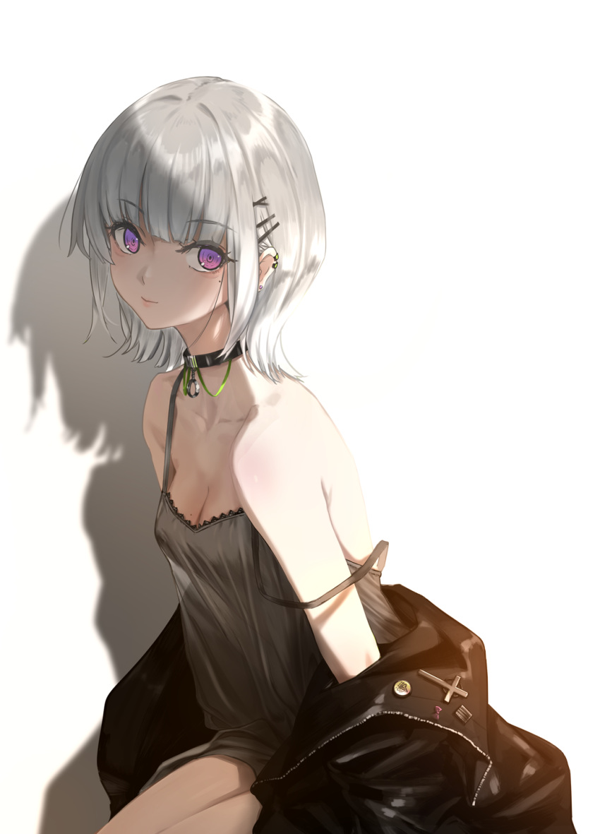 1girl bangs bare_shoulders black_choker black_jacket blunt_bangs breasts camisole choker cleavage closed_mouth collarbone cross ear_piercing grey_hair hair_ornament hairclip highres jacket looking_at_viewer mole mole_under_eye open_clothes open_jacket original phantania piercing purple_eyes short_hair simple_background sitting small_breasts smile solo strap_slip unzipped white_background