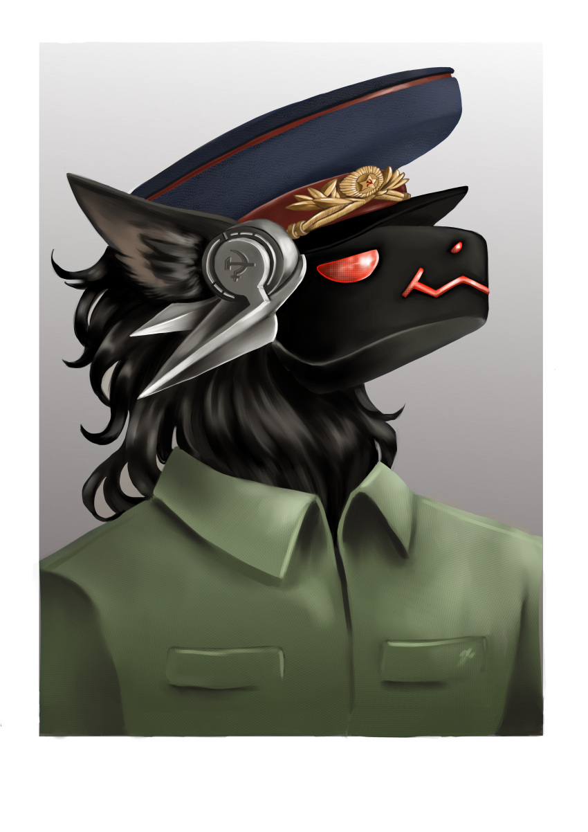 absurd_res anthro black_body black_fur clothing ears_up fur hearts_of_iron_4 hi_res machine male military_hat military_uniform politics portrait protogen russian simple_background solo soviet_union uniform