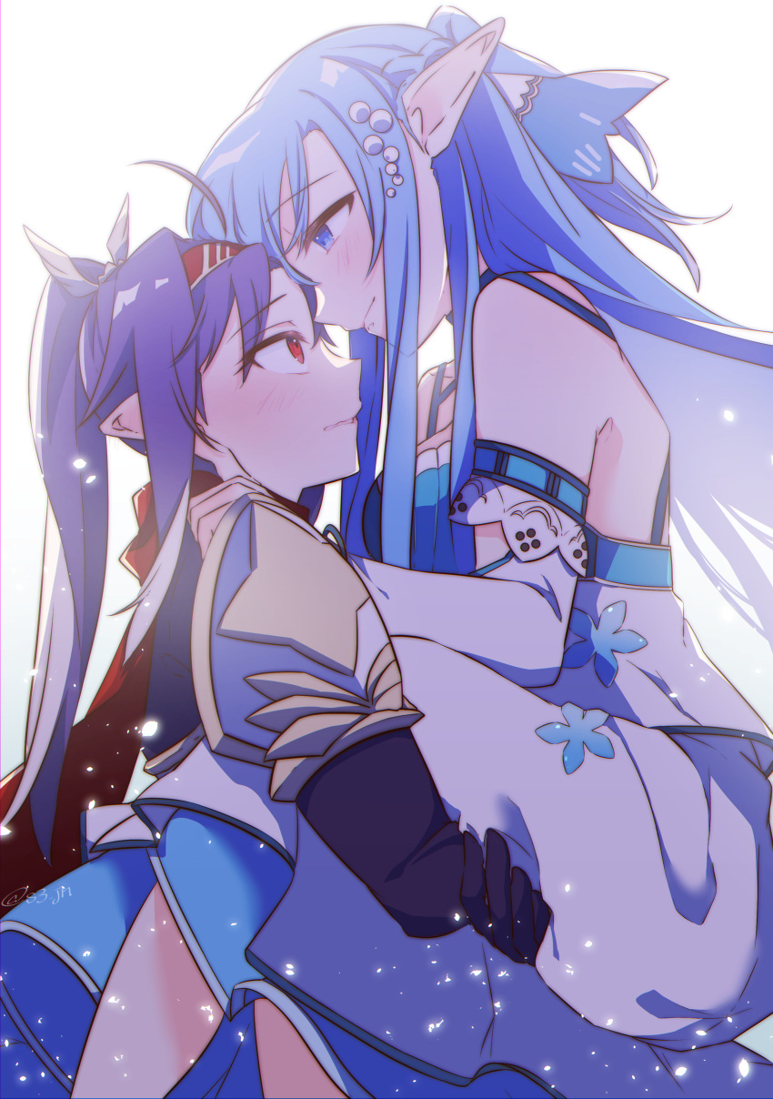 2girls absurdres asuna_(sao) blue_eyes blue_hair blush detached_sleeves dutch_angle forehead-to-forehead from_side heads_together high_ponytail highres long_hair multiple_girls neosight pointy_ears purple_hair red_eyes sidelocks smile sword_art_online white_background yuri yuuki_(sao)