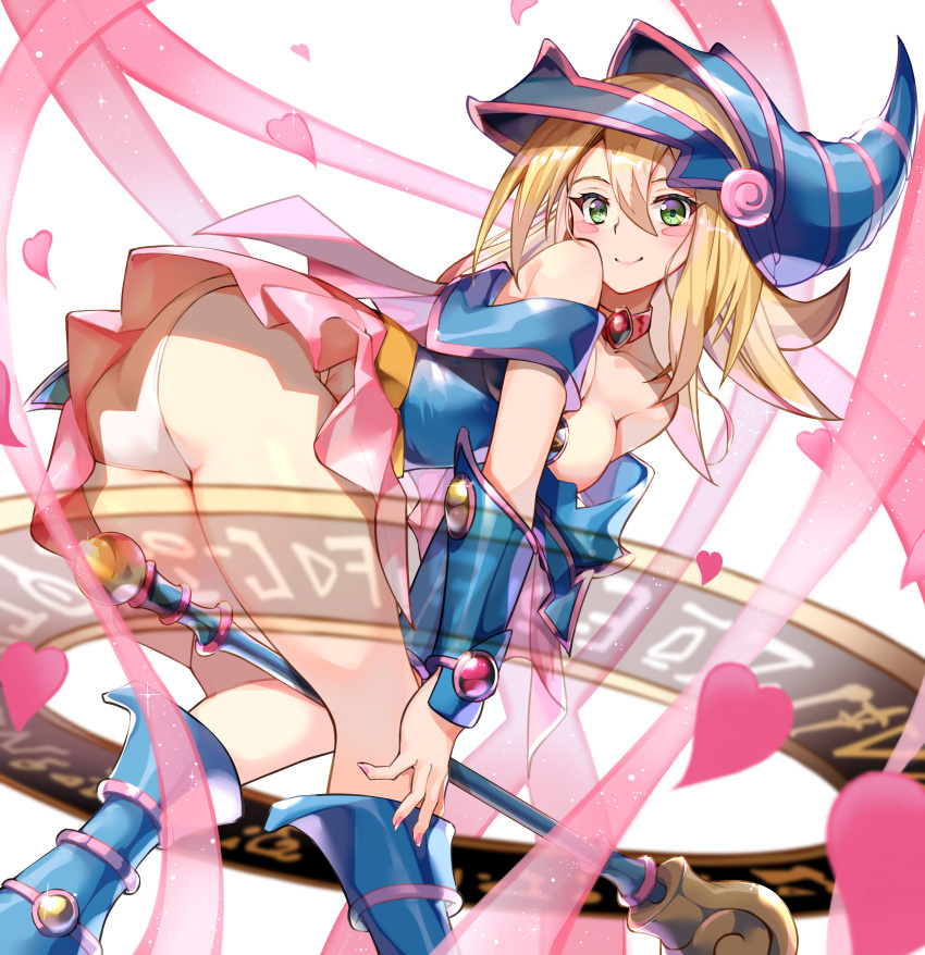 1girl absurdres ass bare_shoulders blonde_hair blue_footwear blue_headwear blush_stickers breasts cleavage dark_magician_girl duel_monster green_eyes hat heart highres large_breasts long_hair magic_circle panties pentacle shiroyu solo underwear wand witch_hat wizard_hat yu-gi-oh!