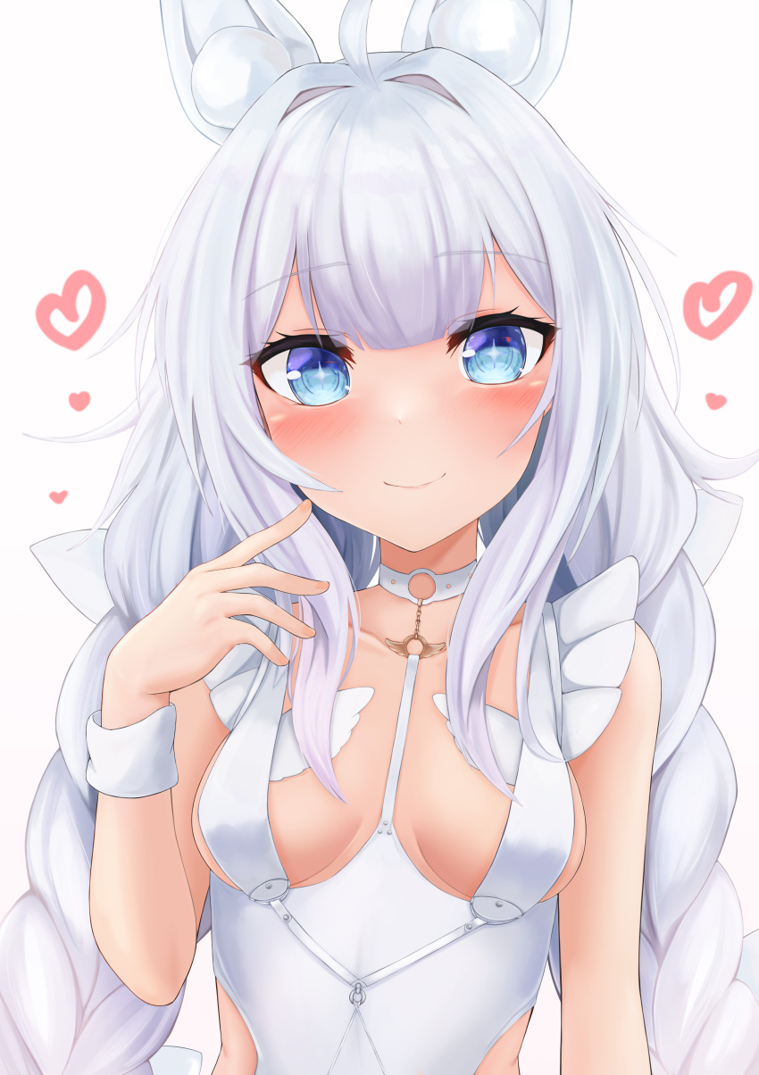 +_+ 1girl absurdres ahoge animal_ears azur_lane bangs bare_shoulders blue_eyes blush braid breasts closed_mouth collarbone commentary_request fake_animal_ears grey_hair hair_intakes hand_up heart highres le_malin_(azur_lane) le_malin_(listless_lapin)_(azur_lane) leotard long_hair low_twintails rabbit_ears ryara simple_background small_breasts smile solo twin_braids twintails very_long_hair white_background white_leotard wrist_cuffs