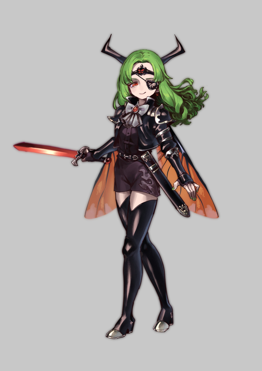 1girl absurdres black_footwear black_jacket black_shorts boots bow bowtie closed_mouth eyepatch fingerless_gloves fingernails full_body gloves green_hair green_nails grey_background headband highres holding holding_sword holding_weapon horns insect_wings jacket long_hair looking_at_viewer nail_polish okame_nin one_eye_covered open_clothes open_jacket original red_eyes shorts simple_background smile solo sword thigh_boots weapon white_bow white_bowtie wings