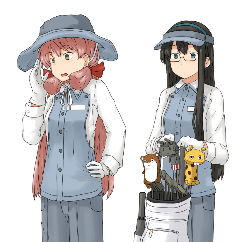 2girls akashi_(kancolle) alternate_costume black_hair blunt_tresses bokukawauso caddy chagamaka cowboy_shot giraffe gloves golf_bag golf_club green_eyes grey_pants hair_ribbon hairband hat highres kantai_collection long_hair multiple_girls ooyodo_(kancolle) pants pink_hair rensouhou-chan ribbon semi-rimless_eyewear shirt simple_background sun_hat tress_ribbon under-rim_eyewear visor_cap white_background white_gloves white_shirt