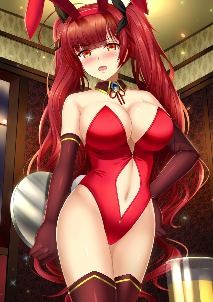 1girl animal_ears azur_lane bangs bare_shoulders blunt_bangs breasts brooch cleavage clothing_cutout cowboy_shot detached_collar drink elbow_gloves fake_animal_ears fake_tail glass gloves highres honolulu_(azur_lane) jewelry large_breasts long_hair looking_at_viewer navel_cutout open_mouth orange_eyes playboy_bunny rabbit_ears rabbit_tail red_hair shibata_rai tail thighhighs thighs tray twintails very_long_hair waitress