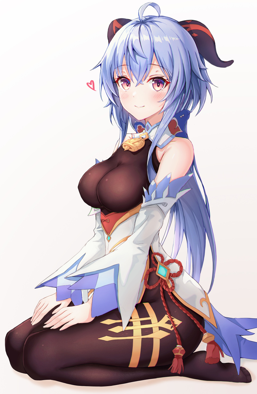 1girl absurdres ahoge bangs bare_shoulders bell black_legwear blue_hair blush bodystocking bow breasts chinese_knot covered_nipples detached_sleeves flower_knot from_side full_body ganyu_(genshin_impact) genshin_impact gold_trim hand_on_own_leg heart highres horns large_breasts long_hair looking_at_viewer low_ponytail neck_bell neon_(hhs9444) no_gloves no_shoes purple_eyes red_rope rope seiza sidelocks sitting smile solo tassel vision_(genshin_impact) waist_cape white_background white_sleeves