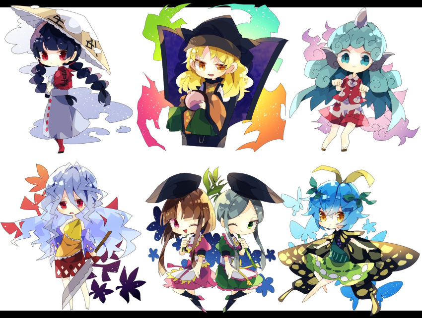 6+girls ajirogasa antennae aqua_hair bamboo bare_shoulders barefoot black_footwear black_hair black_headwear black_legwear blonde_hair blue_sleeves braid brown_hair butterfly_wings capelet closed_mouth collared_shirt constellation_print curly_hair detached_sleeves dress drum eternity_larva fairy green_dress green_eyes green_hair green_skirt grey_dress hair_between_eyes hat hidden_star_in_four_seasons highres holding holding_weapon horns instrument kariyushi_shirt kneehighs komano_aunn leaf leaf_on_head long_hair long_sleeves matara_okina multicolored_clothes multicolored_dress multiple_girls myouga_(plant) nata_(tool) nikorashi-ka nishida_satono one_eye_closed open_mouth orange_dress orange_sleeves pink_dress puffy_short_sleeves puffy_sleeves purple_eyes red_capelet red_dress red_eyes red_shirt sakata_nemuno shirt short_hair short_hair_with_long_locks short_sleeves shorts single-shoulder_dress single_horn skirt tabard teireida_mai touhou tsuzumi twin_braids wavy_hair weapon white_hair white_shorts wings yatadera_narumi yellow_dress yellow_eyes