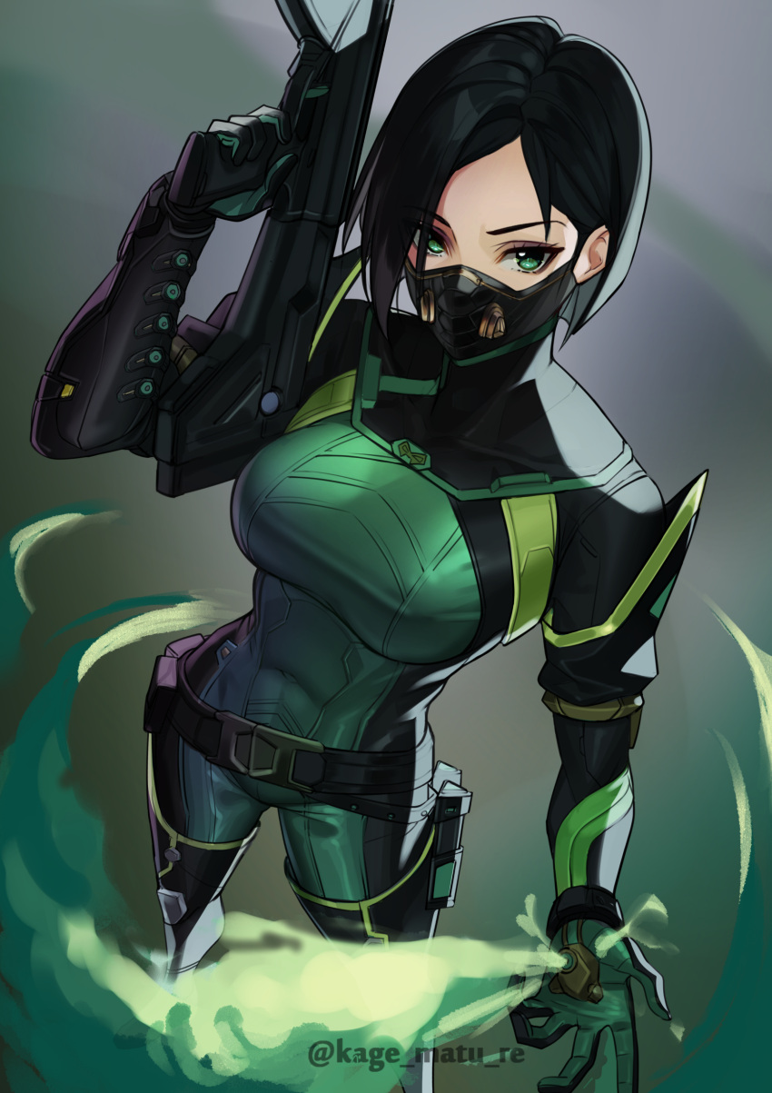 1girl absurdres belt black_hair bob_cut bodysuit breasts covered_mouth gloves green_bodysuit green_eyes green_gloves gun hand_up highres holding holding_gun holding_weapon kagematsuri large_breasts looking_at_viewer mask medium_hair smoke solo thighhighs valorant viper_(valorant) weapon