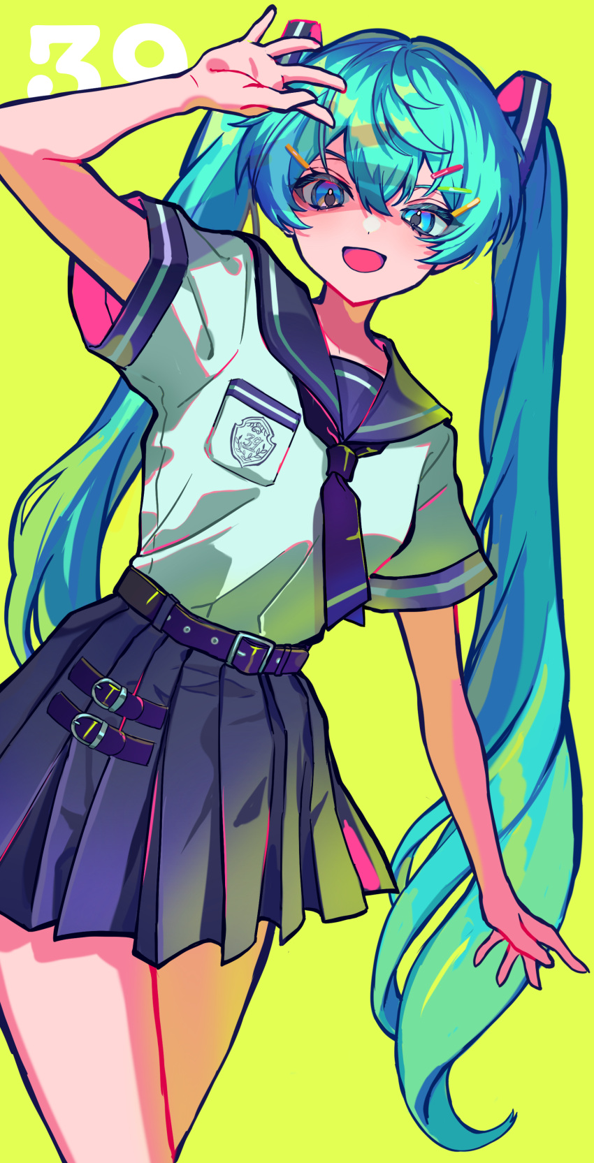 1girl absurdres aqua_eyes aqua_hair belt costume_request green_background hair_ornament hairpin haru4aki hatsune_miku highres looking_at_viewer open_mouth pleated_skirt school_uniform serafuku skirt solo stand twintails vocaloid