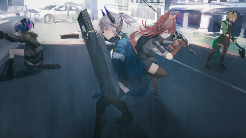 4girls animal_ears arknights axe bangs black_gloves black_legwear black_shirt blonde_hair blue_hair brown_hair building car car_crash cat_tail city closed_mouth commentary_request dragon_horns dragon_tail expressionless fox_ears fox_girl fox_tail franka_(arknights) full_body gloves green_jacket grey_hair ground_vehicle gun handgun hara_shoutarou highres holding holding_axe holding_gun holding_shield holding_sword holding_weapon horns jacket jessica_(arknights) liskarm_(arknights) long_hair long_sleeves looking_ahead motor_vehicle multicolored_hair multiple_girls open_clothes open_jacket orange_eyes outdoors parted_lips pistol pointy_ears ponytail shield shirt short_hair skirt squatting standing standing_on_one_leg sword tail thighhighs vanilla_(arknights) weapon wreckage