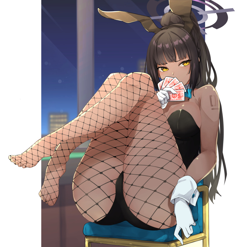 1girl absurdres animal_ears bangs black_hair black_legwear black_leotard blue_archive breasts card chair commentary_request covering_mouth dark-skinned_female dark_skin fake_animal_ears fishnet_legwear fishnets full_body gloves halo highres kakimoto_nao karin_(blue_archive) large_breasts leotard long_hair looking_at_viewer pantyhose playboy_bunny playing_card ponytail rabbit_ears sitting solo thighs white_gloves yellow_eyes