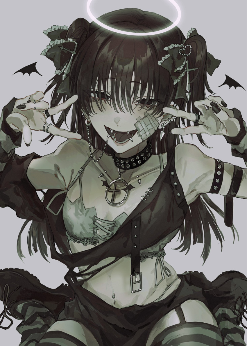 1girl :d armband bangs bare_shoulders belt black_choker black_eyes black_nails black_skirt bow bra brown_hair choker collarbone_piercing colored_skin cross cross_necklace detached_sleeves ear_piercing earrings fangs finger_piercing fingernails flat_chest garter_straps green_bra green_skin hair_bow hair_ornament halo heart heart_hair_ornament highres jewelry kuroume_(aihikarikuroume24) latin_cross lip_piercing long_bangs long_hair long_sleeves looking_at_viewer midriff miniskirt multiple_piercings multiple_rings nail_polish navel navel_piercing necklace open_mouth original piercing ring simple_background sitting skirt smile solo striped striped_legwear thighhighs two_side_up underwear v w wariza white_background zombie