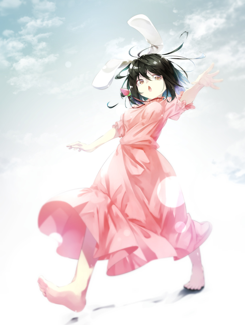 1girl animal_ears bangs barefoot black_hair brown_eyes carrot_necklace commentary_request eyes_visible_through_hair floppy_ears frilled_sleeves frills full_body gorilla_(bun0615) highres inaba_tewi looking_at_viewer open_mouth pink_shirt pink_skirt puffy_short_sleeves puffy_sleeves rabbit_ears rabbit_girl shirt short_hair short_sleeves skirt solo touhou