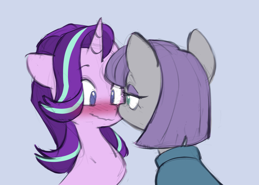 2022 blue_background blue_eyes blush boop chub-wub clothing digital_media_(artwork) duo earth_pony equid equine eyelashes eyeshadow female feral friendship_is_magic grey_body hair half-closed_eyes hasbro hi_res horn horse makeup mammal maud_pie_(mlp) my_little_pony narrowed_eyes nose_boop pink_body pony purple_hair simple_background starlight_glimmer_(mlp) unicorn wavy_mouth