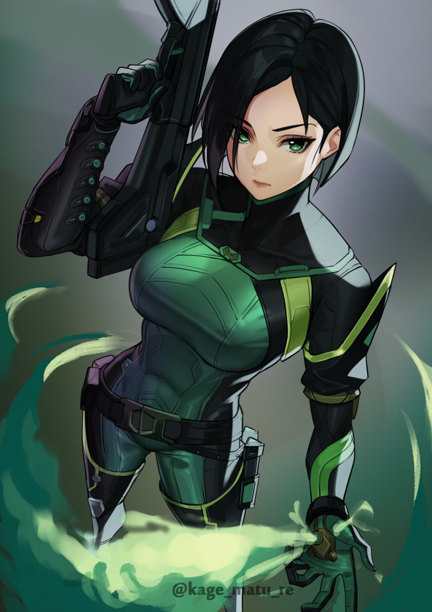 1girl absurdres belt black_hair bob_cut bodysuit breasts closed_mouth gloves green_bodysuit green_eyes green_gloves gun hand_up highres holding holding_gun holding_weapon kagematsuri large_breasts looking_at_viewer medium_hair smoke solo thighhighs valorant viper_(valorant) weapon