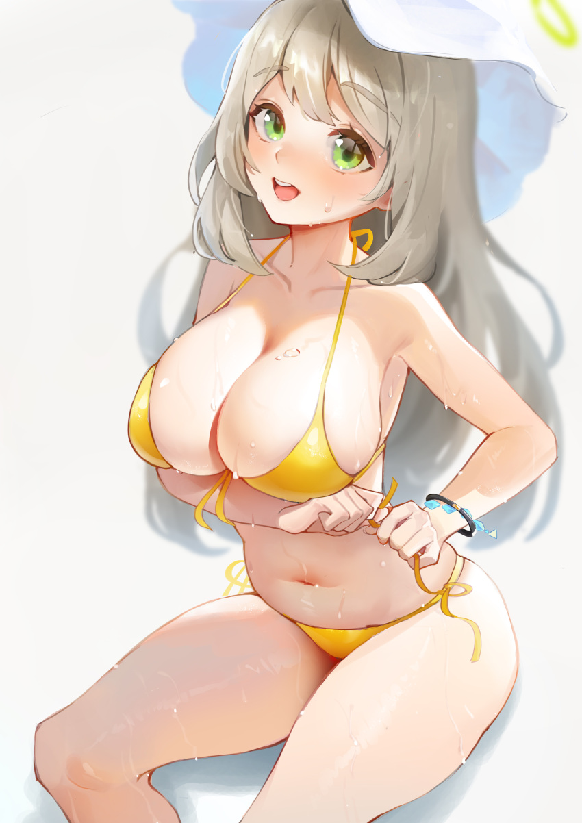 1girl :d absurdres adjusting_clothes adjusting_swimsuit bangs bikini blonde_hair blue_archive blush bracelet breasts green_eyes halo hat highres jewelry large_breasts long_hair looking_at_viewer navel nonomi_(blue_archive) nonomi_(swimsuit)_(blue_archive) open_mouth simple_background sitting smile solo stomach sun_hat sweatdrop swept_bangs swimsuit teeth thighs upper_teeth wet white_background white_headwear yellow_bikini zhudouzi