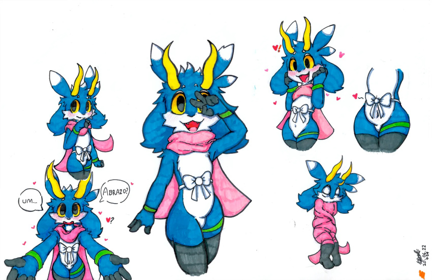 &lt;3 4_fingers anonymous_artist anthro belly blue_body blue_fur blush bovid bovine bow_tie caprine cheek_tuft chest_tuft circle_eyebrows clothing curved_horn cute_fangs ear_tuft eyebrows facial_tuft fingers floppy_ears fur gesture goat hair happy head_tuft hi_res hooved_fingers hooves horn hug_invitation legband legwear looking_at_viewer male mammal multicolored_hair open_mouth pink_scarf scarf shoulder_tuft simple_background sleeping smile solo standing text thick_thighs thigh_highs thighband tuft two_tone_hair v_sign volt_goat white_background white_body white_eyelids white_fur wide_hips wolt wrapped wristband yellow_eyes yellow_horn