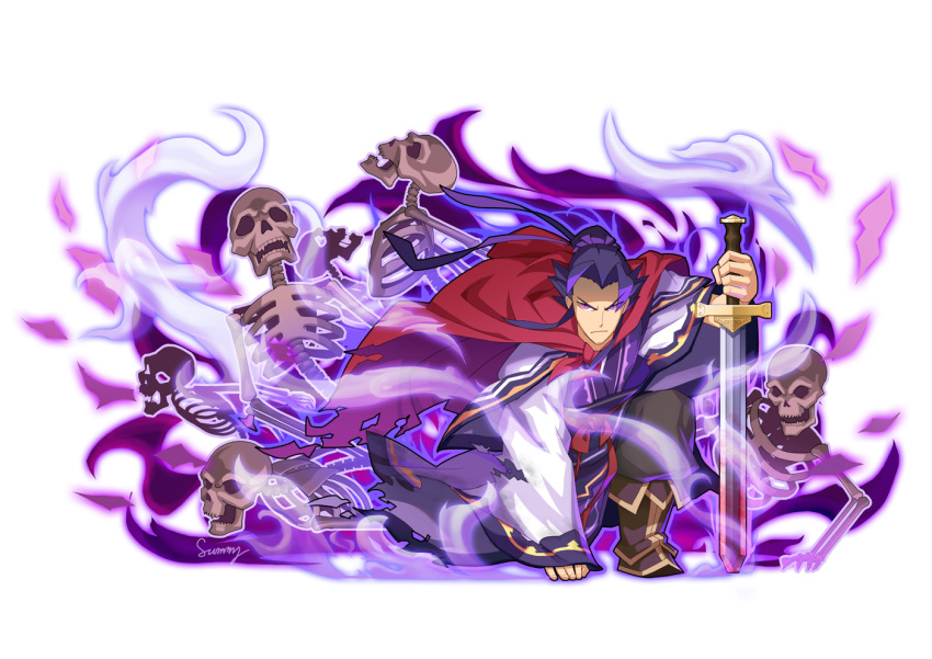 1boy ape artist_name aura black_footwear boots cao_cao hair_ribbon holding holding_sword holding_weapon long_sleeves looking_at_viewer male_focus purple_hair ribbon romance_of_the_three_kingdoms serious skeleton solo spiked_hair summy sword transparent_background weapon wide_sleeves