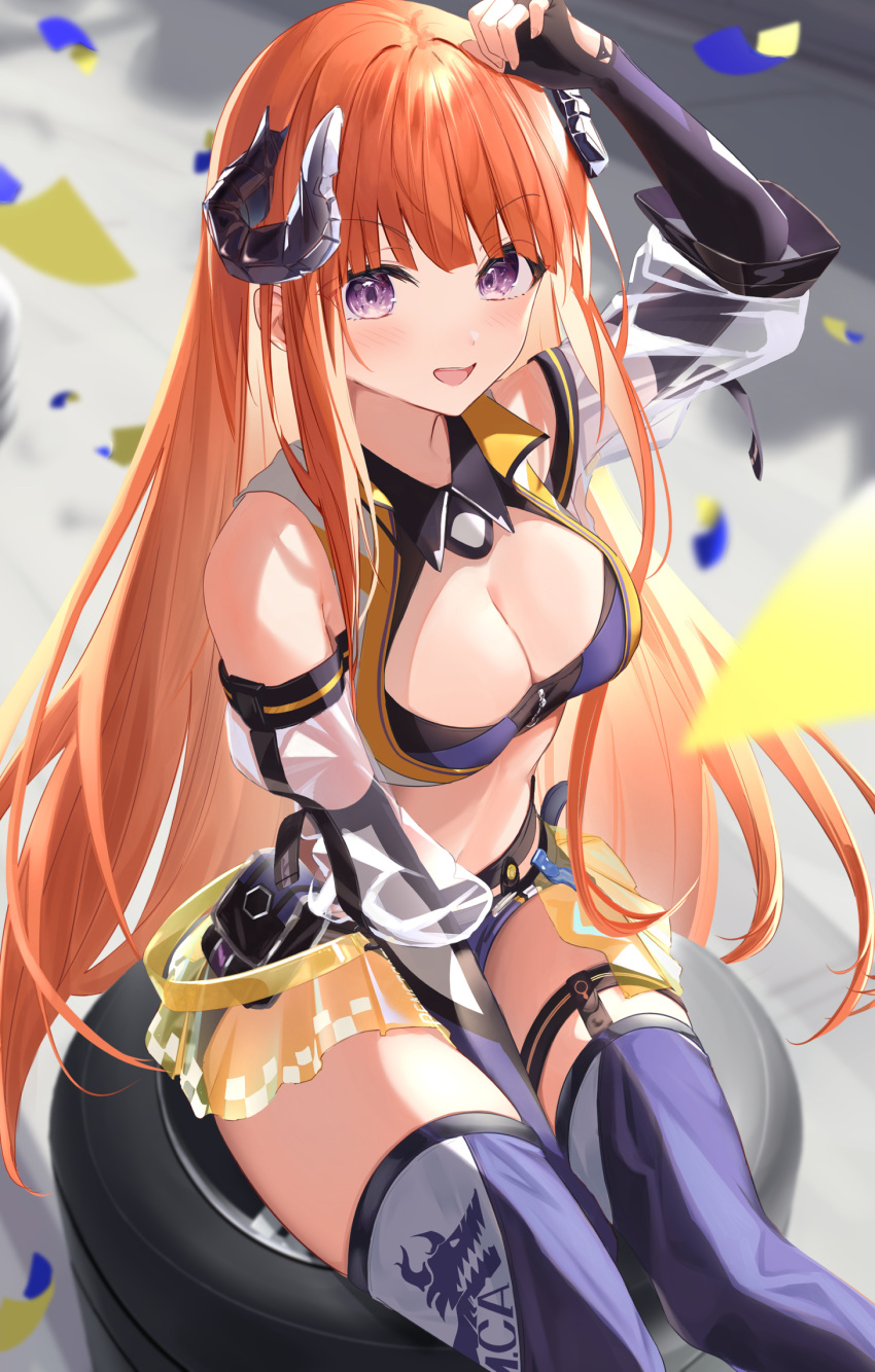 1girl :d arknights arm_up bagpipe_(arknights) bagpipe_(queen_no._1)_(arknights) bangs bare_shoulders blue_legwear breasts cleavage confetti crop_top feet_out_of_frame highres horns large_breasts long_hair looking_at_viewer midriff nokke_o official_alternate_costume open_mouth orange_hair pouch purple_eyes sitting smile solo stomach thighhighs thighs tire very_long_hair