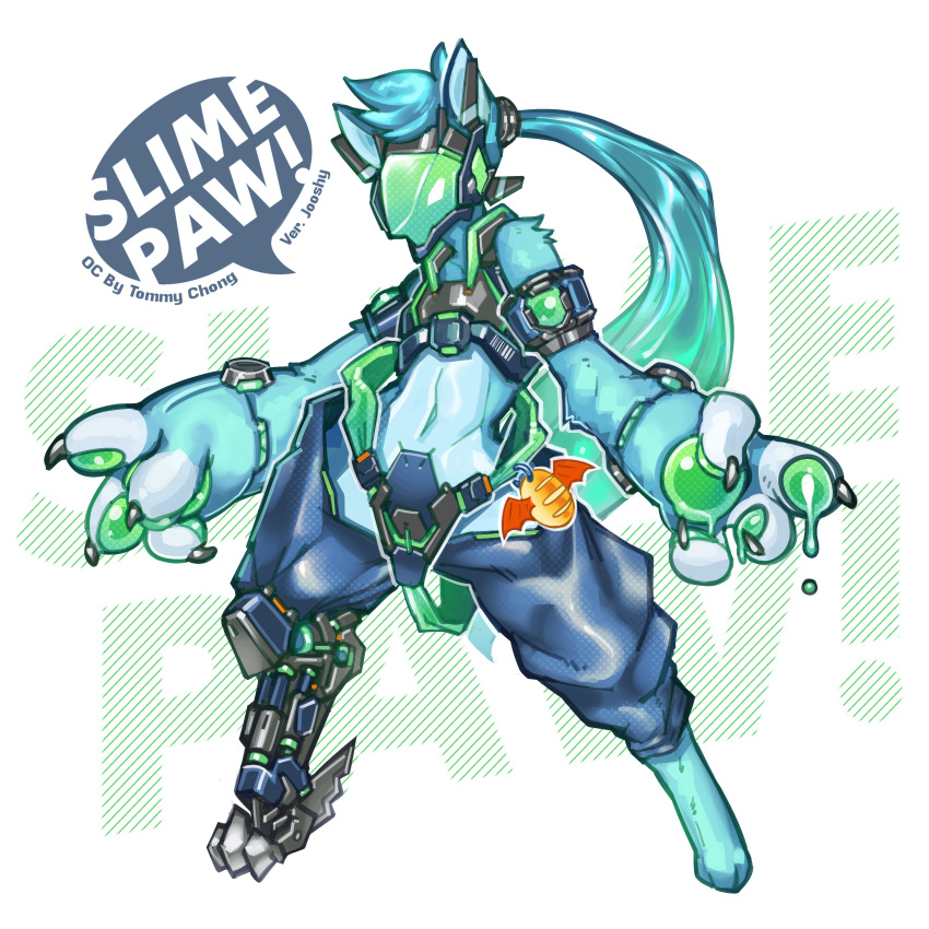2019 3_toes 4_fingers absurd_res anthro armband belt blue_bottomwear blue_clothing blue_pants bottomwear canid canine clawed_fingers clothed clothing cybernetic_leg cybernetic_limb cybernetics cyborg dripping english_text feet fingers fur green_body green_fur green_pawpads hair hi_res jooshy long_hair machine male mammal pants pawpads protogen protogen_visor simple_background slime solo speech_bubble standing teal_hair text toes