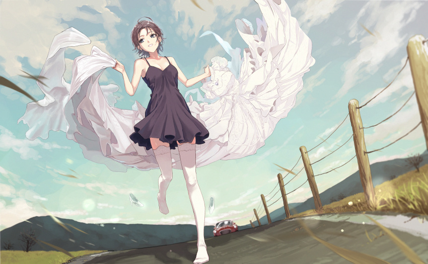 1girl absurdres ahoge asakura_toru bare_shoulders black_dress black_hair blue_hair car dress dress_removed dutch_angle earrings gradient_hair ground_vehicle highres idolmaster idolmaster_shiny_colors jewelry motor_vehicle multicolored_hair nightgown road shoes shoes_removed short_hair solo spaghetti_strap thighhighs wedding_dress white_dress white_legwear wind zelo6