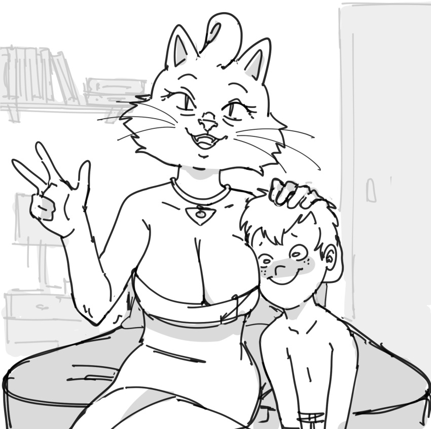 2022 age_difference anthro bed big_breasts blush bojack_horseman book bookshelf breasts cleavage clothed clothing dbaru domestic_cat door dress duo felid feline felis female freckles furniture hair hand_on_head hi_res human jewelry lamp larger_anthro larger_female looking_at_viewer male mammal monochrome necklace netflix nightstand older_anthro older_female on_bed open_mouth open_smile pendant pillow princess_carolyn pseudo_hair pupils sitting sitting_on_bed size_difference sketch slit_pupils smaller_human smaller_male smile teeth vincent_adultman whiskers younger_human younger_male