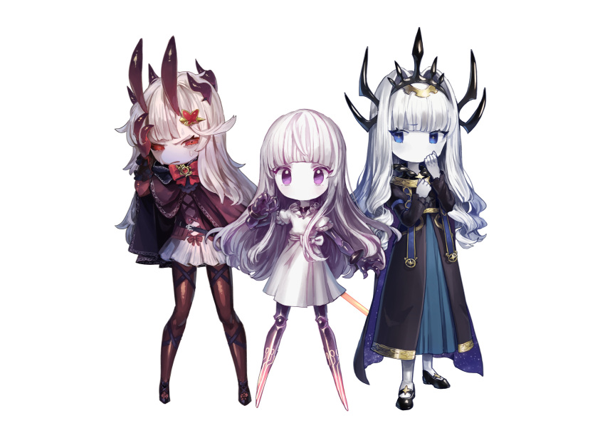 3girls absurdres bangs black_dress black_footwear blue_eyes blue_skirt blunt_bangs bow bowtie brooch cape child dress evil_(okame_nin) eye_(okame_nin) fewer_digits frown hair_ornament highres horns jewelry looking_at_viewer mana_matitia_(okame_nin) mismatched_sclera multiple_girls no_feet no_mouth okame_nin original parted_lips purple_cape purple_eyes red_bow red_bowtie red_eyes shoes simple_background skirt standing white_background white_hair white_skirt