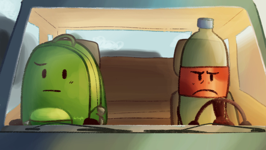 16:9 ambiguous_gender angry animate_inanimate backpack bryce_hansen detailed_background driving duo green_backpack liam_plecak palescat shaded soda_bottle text vehicle widescreen