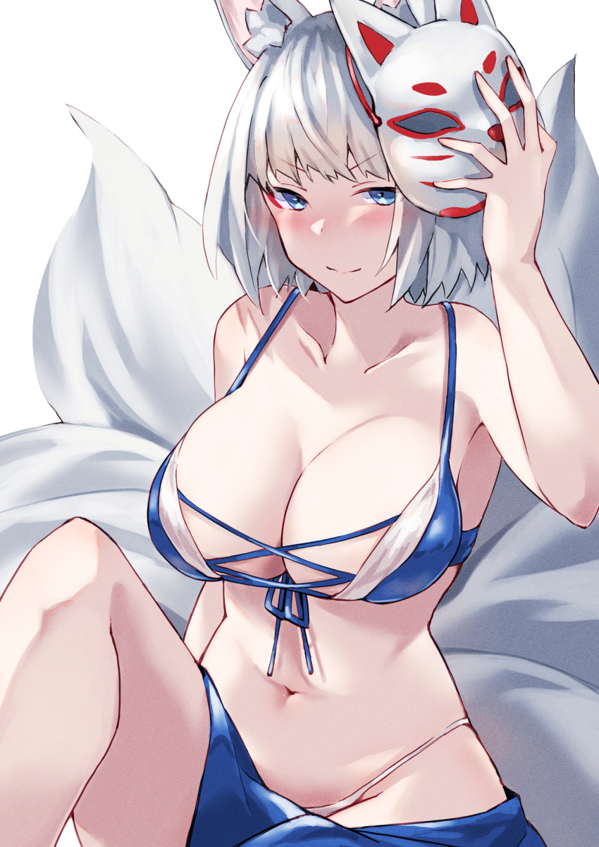 1girl alexi_oekaki animal_ears azur_lane bangs bare_arms bikini blue_bikini blush breasts cleavage closed_mouth fox_ears fox_girl fox_mask fox_tail highres kaga_(azur_lane) kaga_(everlasting_killing_stone)_(azur_lane) large_breasts looking_at_viewer mask multiple_tails navel simple_background sitting smile solo swimsuit tail thighs white_background white_hair